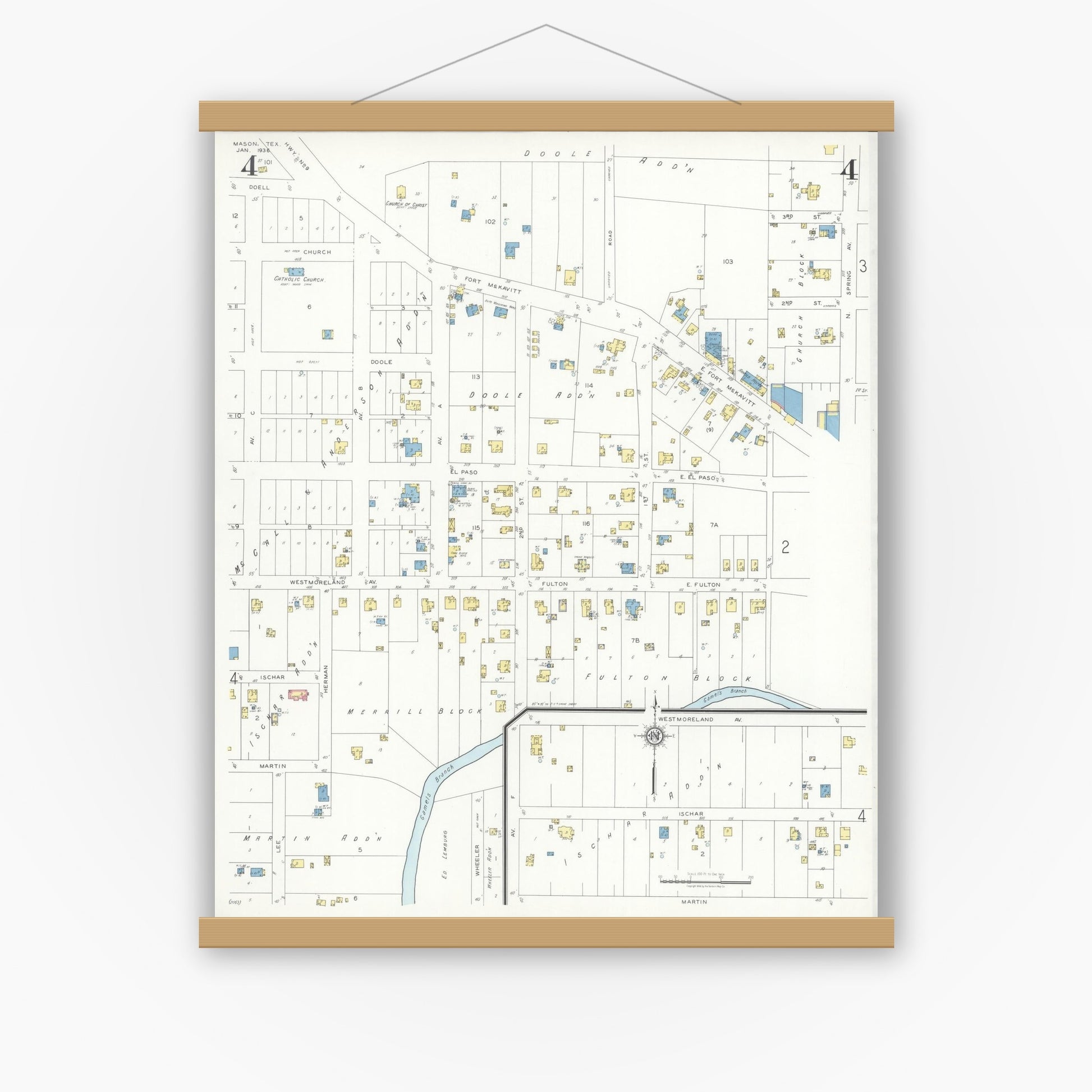 Old map wall art mockup — magnetic wood frame on white wall — Sanborn Fire Insurance Map from Mason, Mason County, Texas (1936), Sheet #0004