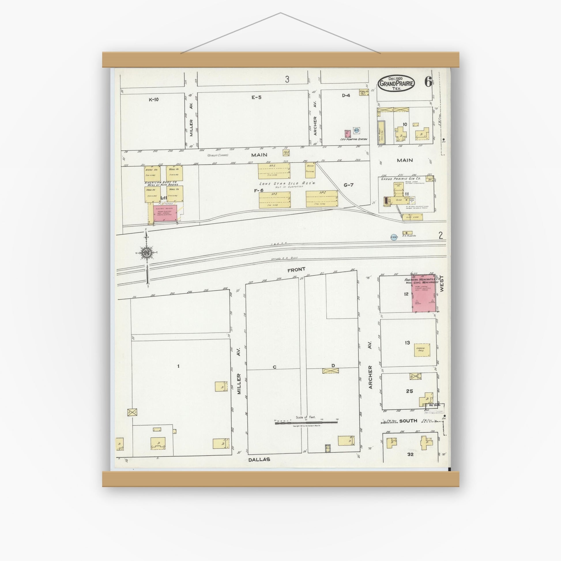 Old map wall art mockup — magnetic wood frame on white wall — Sanborn Fire Insurance Map from Grand Prairie, Dallas County, Texas (1920), Sheet #0006