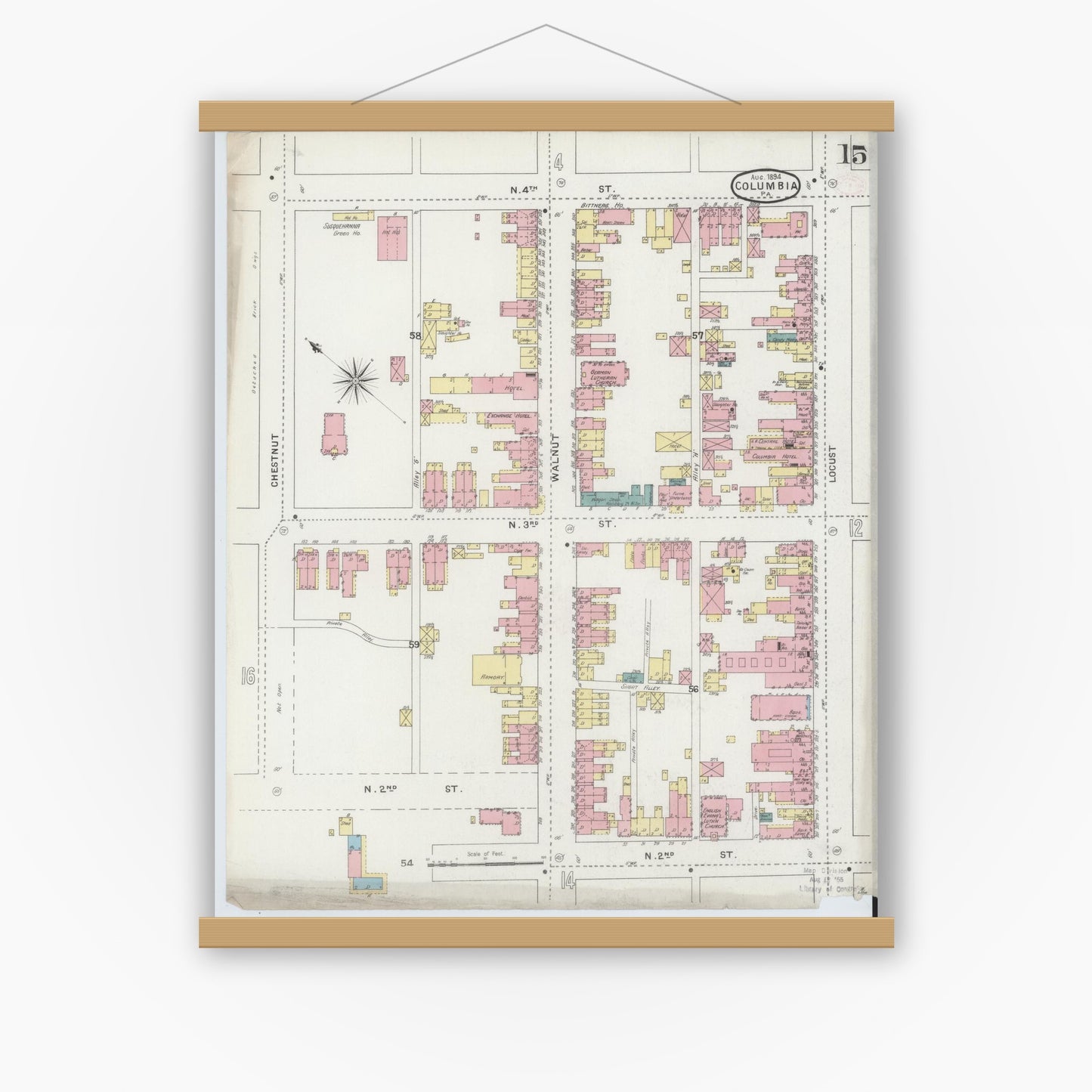 Old map wall art mockup — magnetic wood frame on white wall — Sanborn Fire Insurance Map from Columbia, Lancaster County, Pennsylvania (1894), Sheet #0015