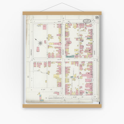 Old map wall art mockup — magnetic wood frame on white wall — Sanborn Fire Insurance Map from Columbia, Lancaster County, Pennsylvania (1894), Sheet #0015