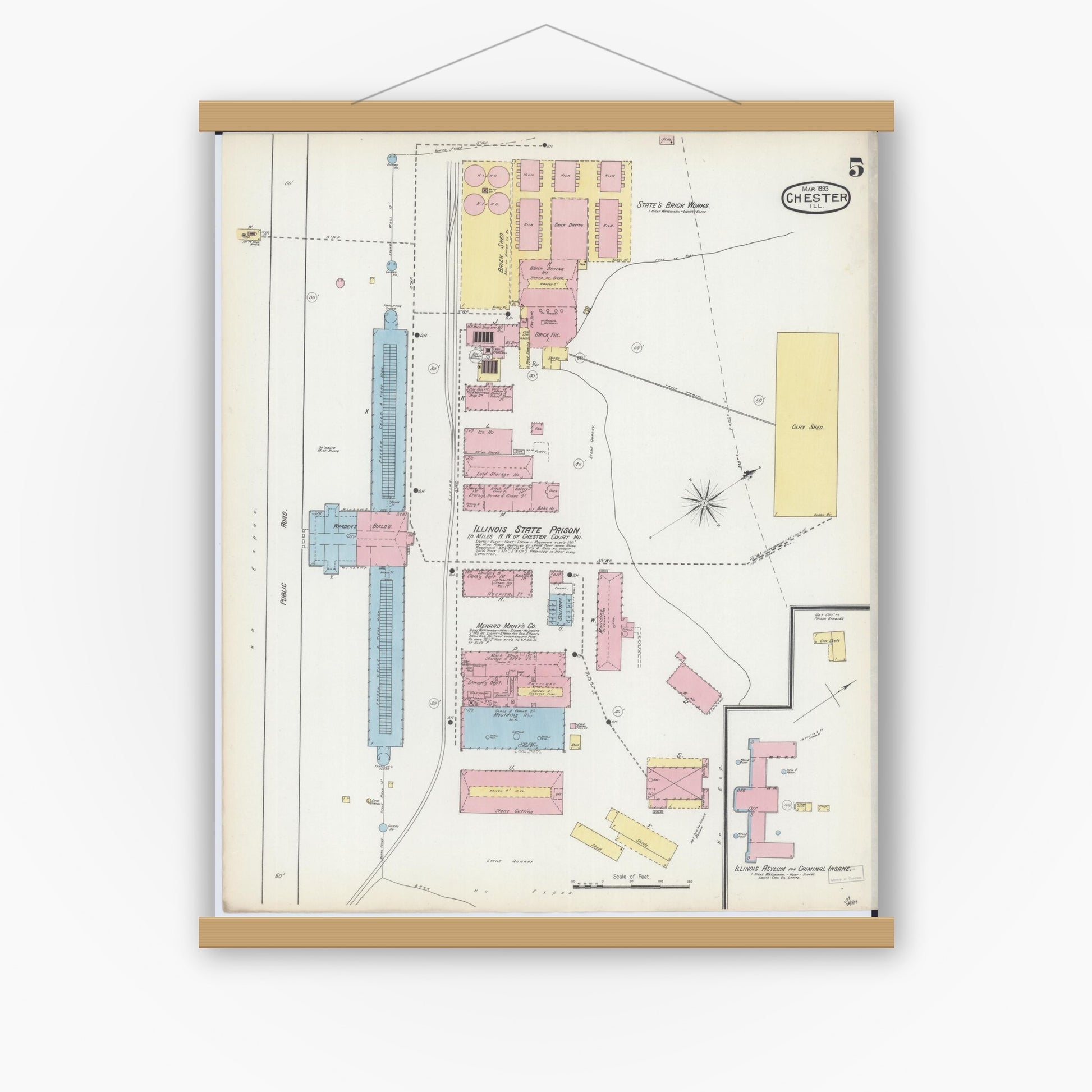 Old map wall art mockup — magnetic wood frame on white wall — Sanborn Fire Insurance Map from Chester, Randolph County, Illinois (1886), Sheet #0005