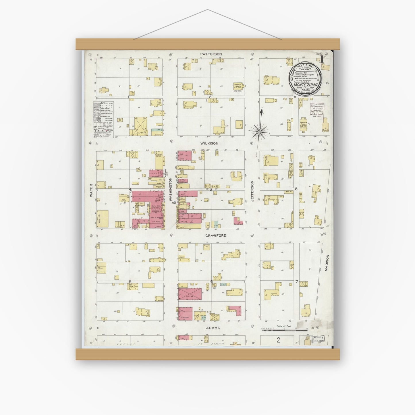 Old map wall art mockup — magnetic wood frame on white wall — Sanborn Fire Insurance Map from Montezuma, Parke County, Indiana (1900) - Complete Map Set