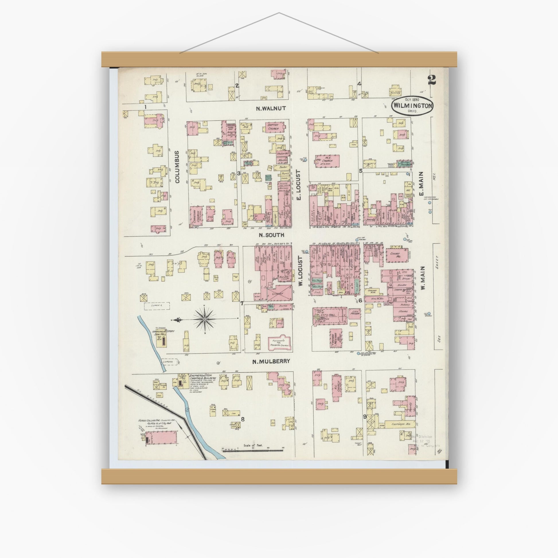 Old map wall art mockup — magnetic wood frame on white wall — Sanborn Fire Insurance Map from Wilmington, Clinton County, Ohio (1890), Sheet #0002