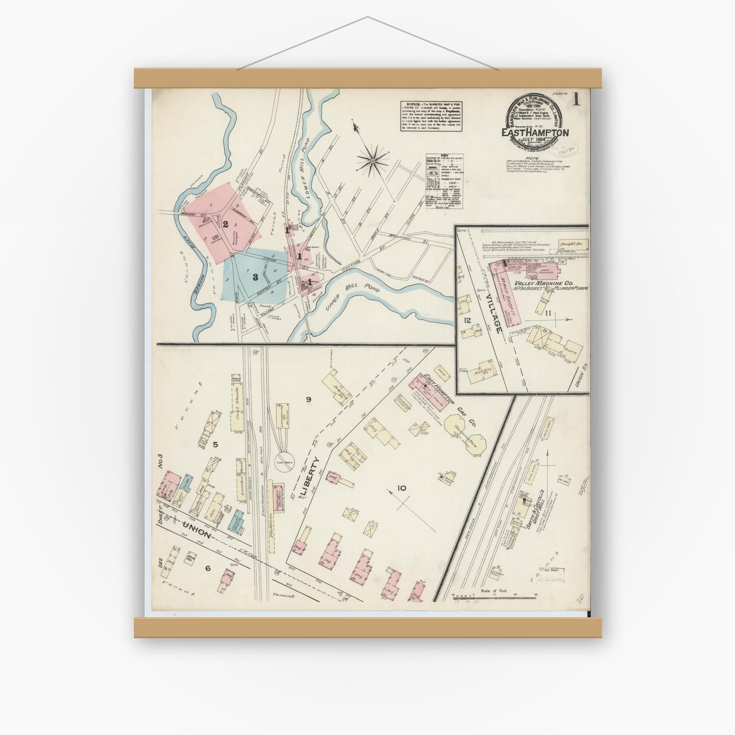 Old map wall art mockup — magnetic wood frame on white wall — Sanborn Fire Insurance Map from East Hampton, Hampshire County, Massachusetts (1884) - Complete Map Set