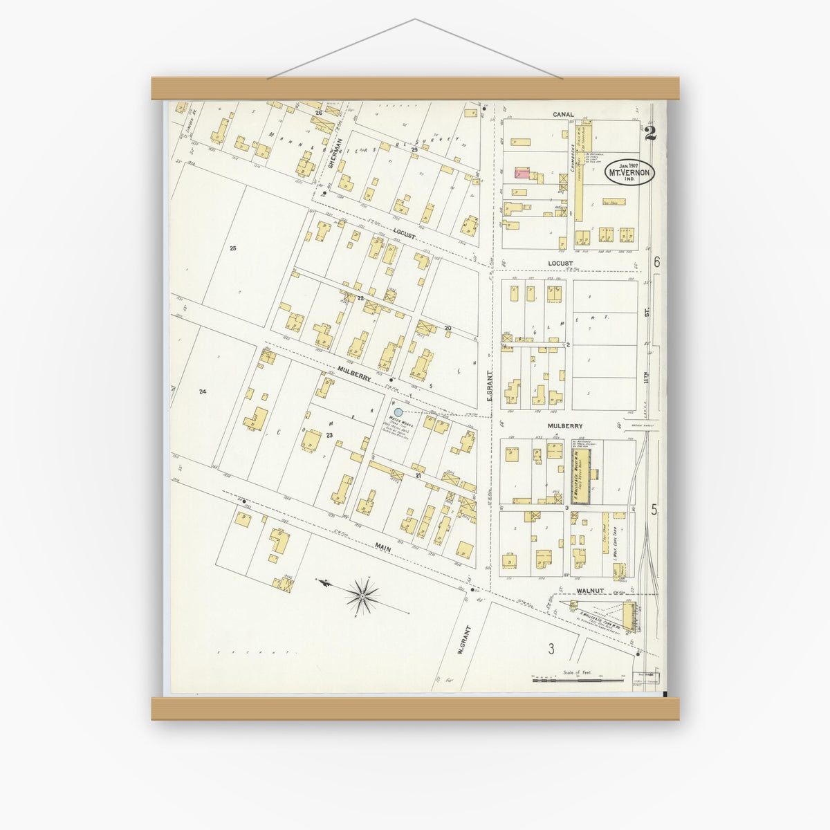 Old map wall art mockup — magnetic wood frame on white wall — Sanborn Fire Insurance Map from Mount Vernon, Posey County, Indiana (1907), Sheet #0002
