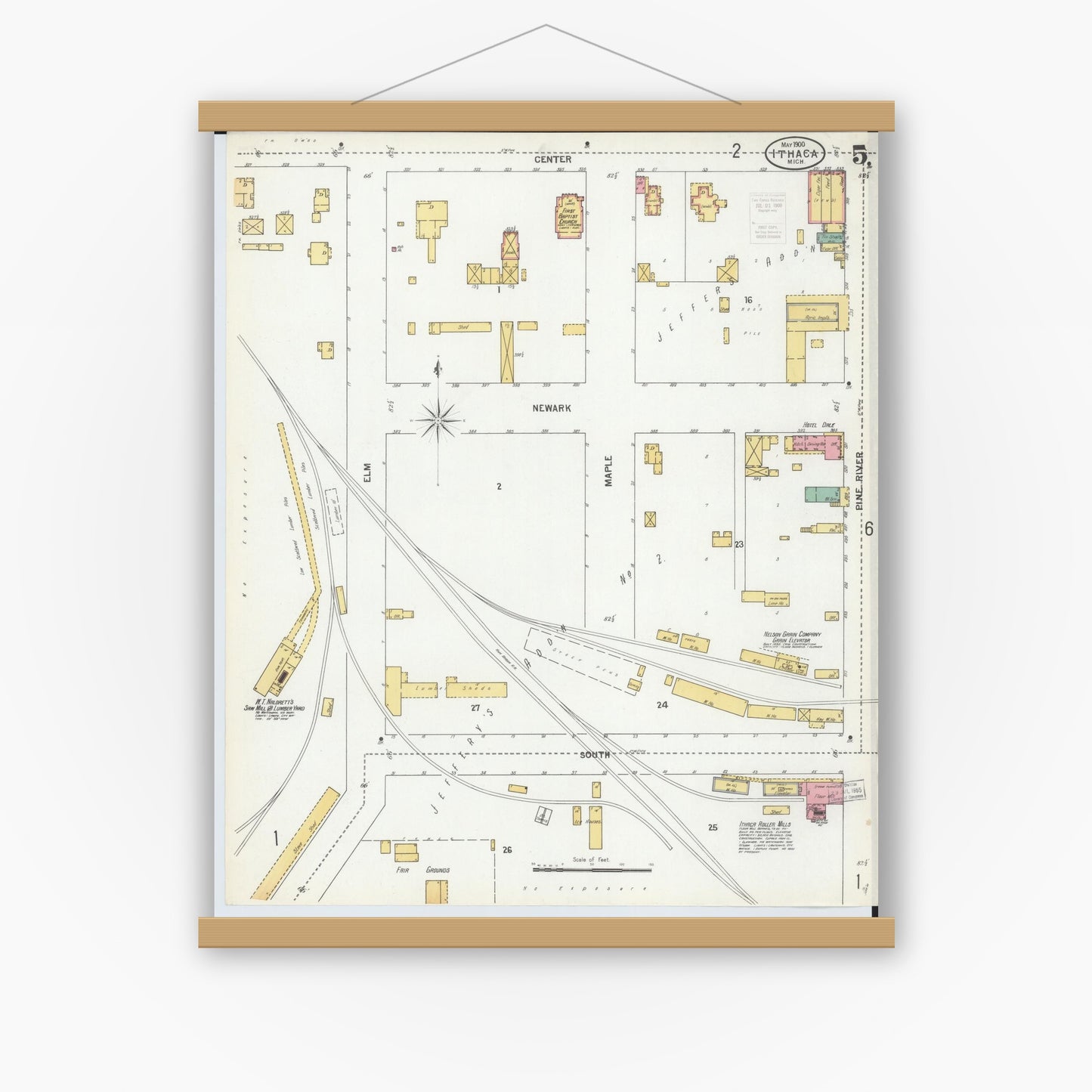 Old map wall art mockup — magnetic wood frame on white wall — Sanborn Fire Insurance Map from Ithaca, Gratiot County, Michigan (1900), Sheet #0005