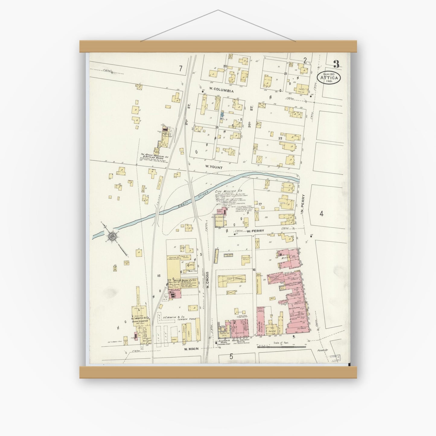 Old map wall art mockup — magnetic wood frame on white wall — Sanborn Fire Insurance Map from Attica, Fountain County, Indiana (1910), Sheet #0003