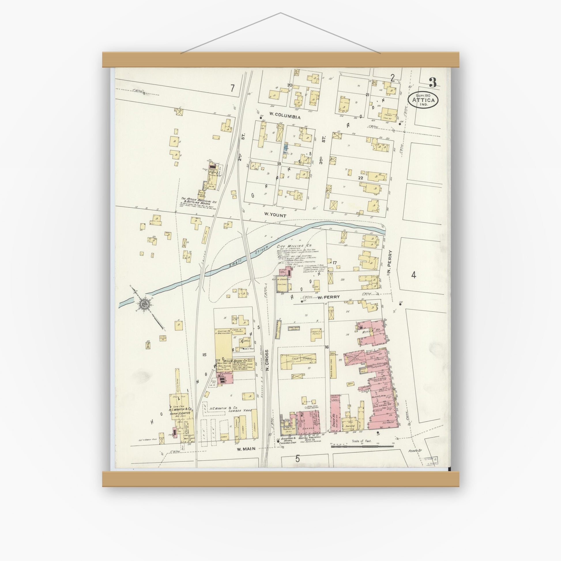 Old map wall art mockup — magnetic wood frame on white wall — Sanborn Fire Insurance Map from Attica, Fountain County, Indiana (1910), Sheet #0003