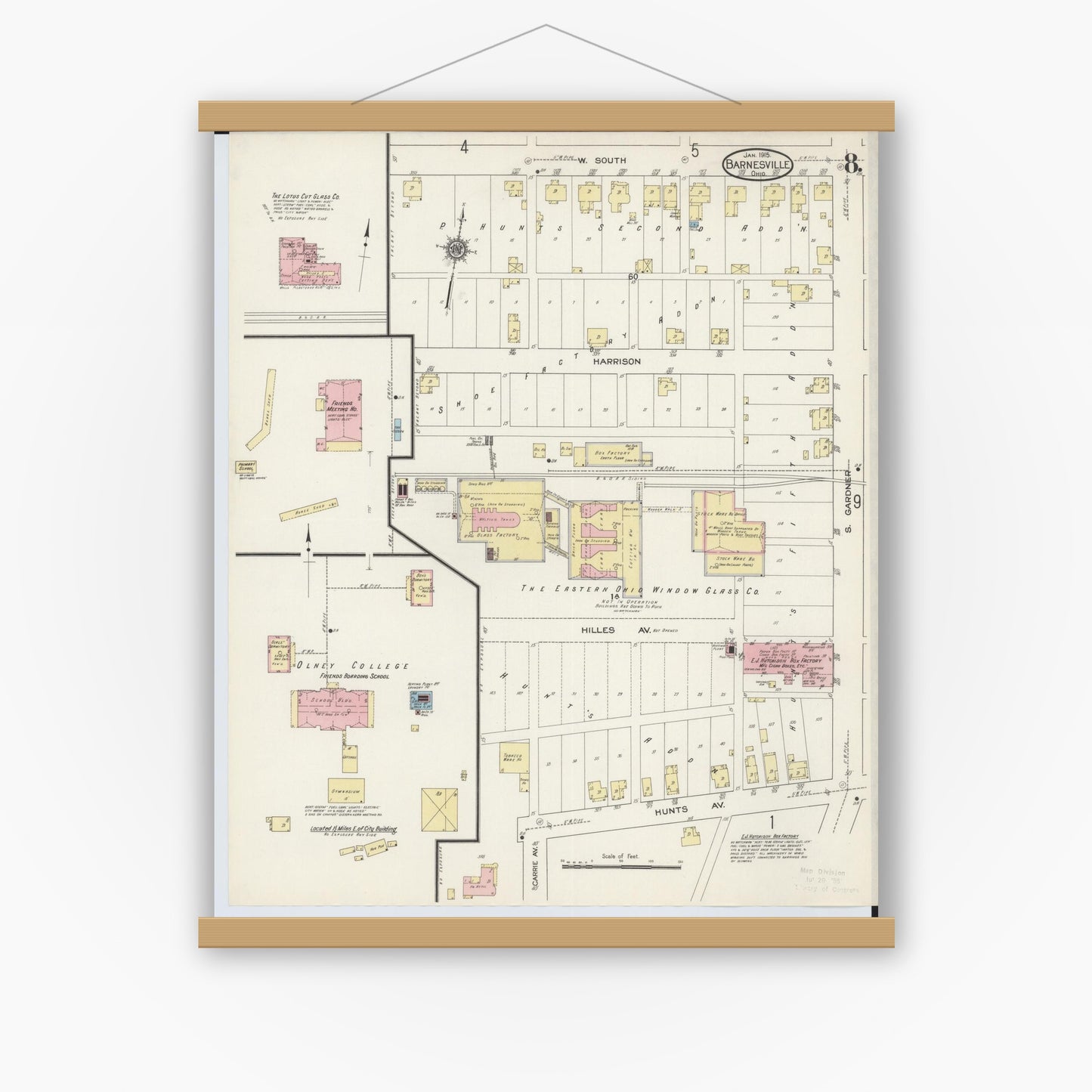 Old map wall art mockup — magnetic wood frame on white wall — Sanborn Fire Insurance Map from Barnesville, Belmont County, Ohio (1915), Sheet #0008