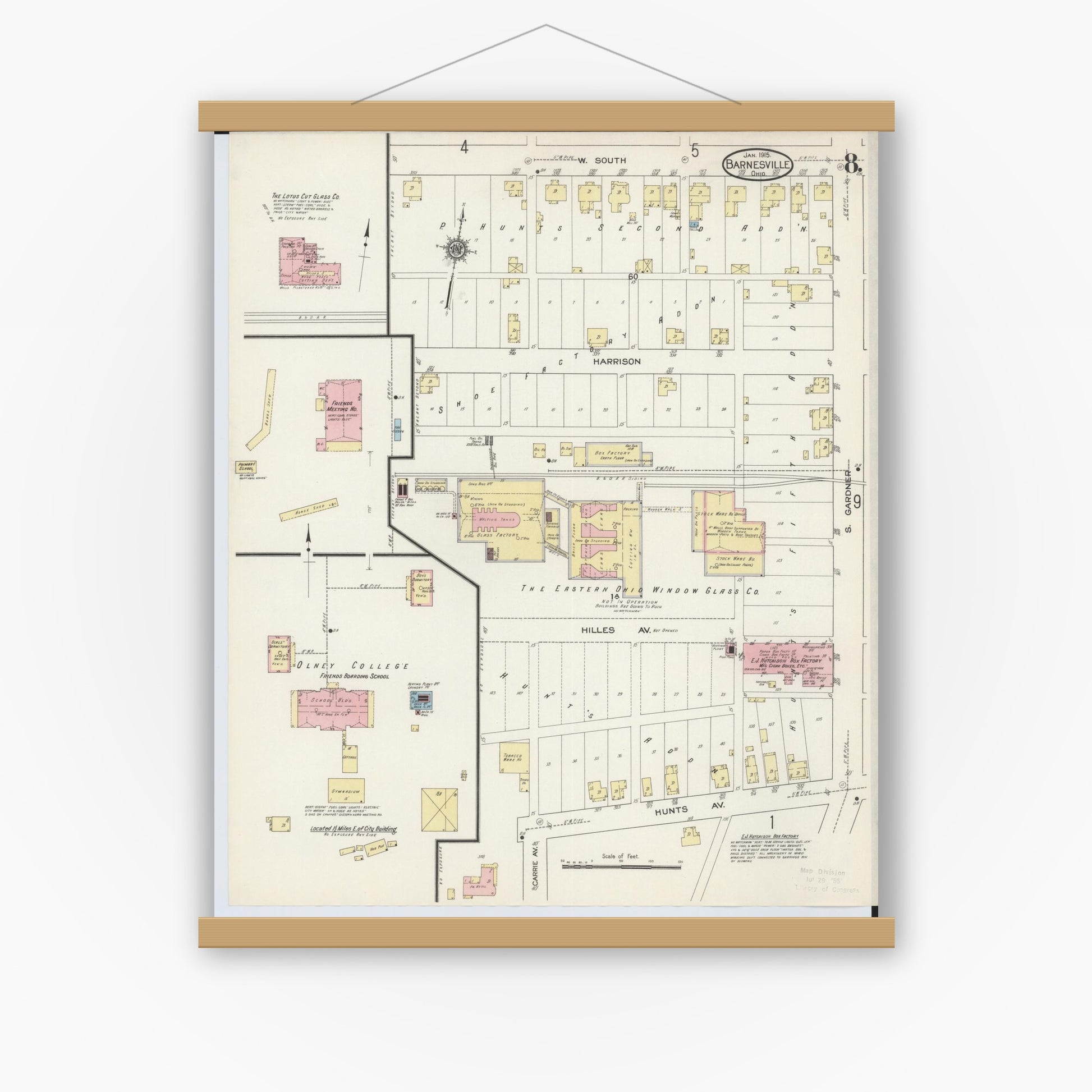 Old map wall art mockup — magnetic wood frame on white wall — Sanborn Fire Insurance Map from Barnesville, Belmont County, Ohio (1915), Sheet #0008