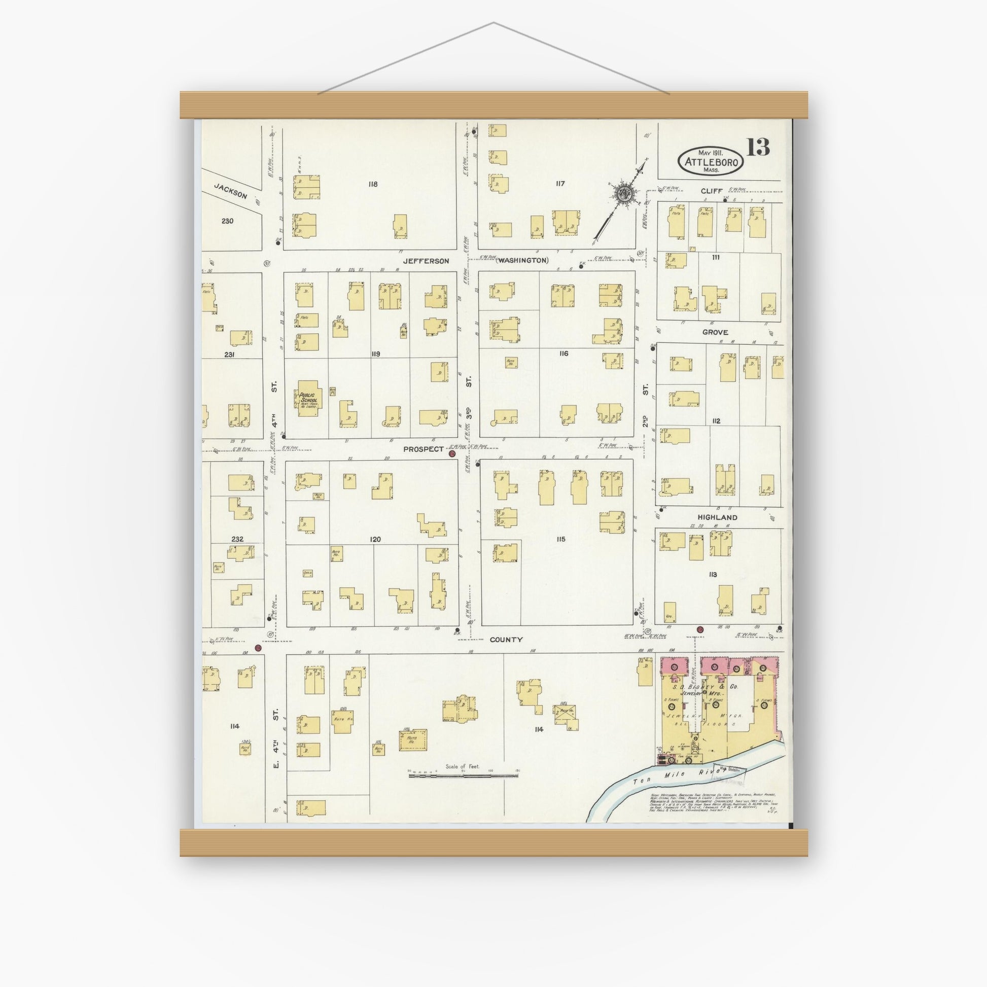 Old map wall art mockup — magnetic wood frame on white wall — Sanborn Fire Insurance Map from Attleboro, Bristol County, Massachusetts (1911), Sheet #0013