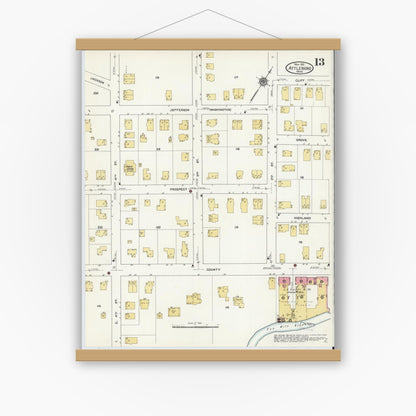 Old map wall art mockup — magnetic wood frame on white wall — Sanborn Fire Insurance Map from Attleboro, Bristol County, Massachusetts (1911), Sheet #0013