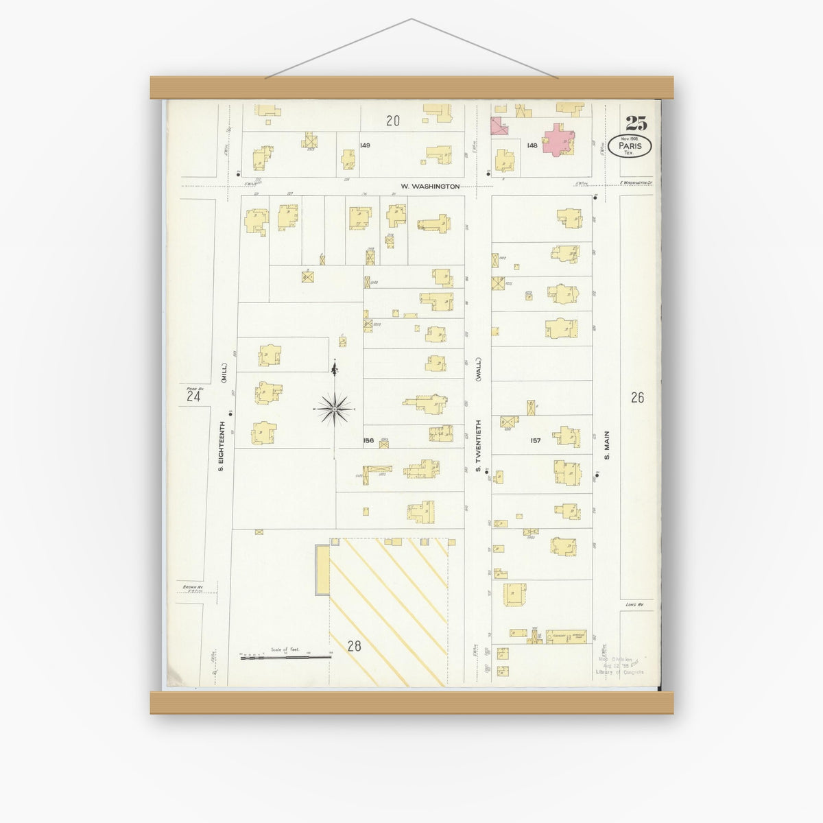 Old map wall art mockup — magnetic wood frame on white wall — Sanborn Fire Insurance Map from Paris, Lamar County, Texas (1908), Sheet #0025