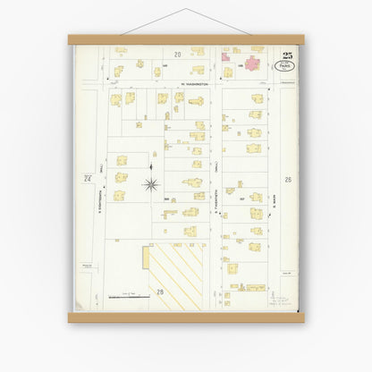 Old map wall art mockup — magnetic wood frame on white wall — Sanborn Fire Insurance Map from Paris, Lamar County, Texas (1908), Sheet #0025
