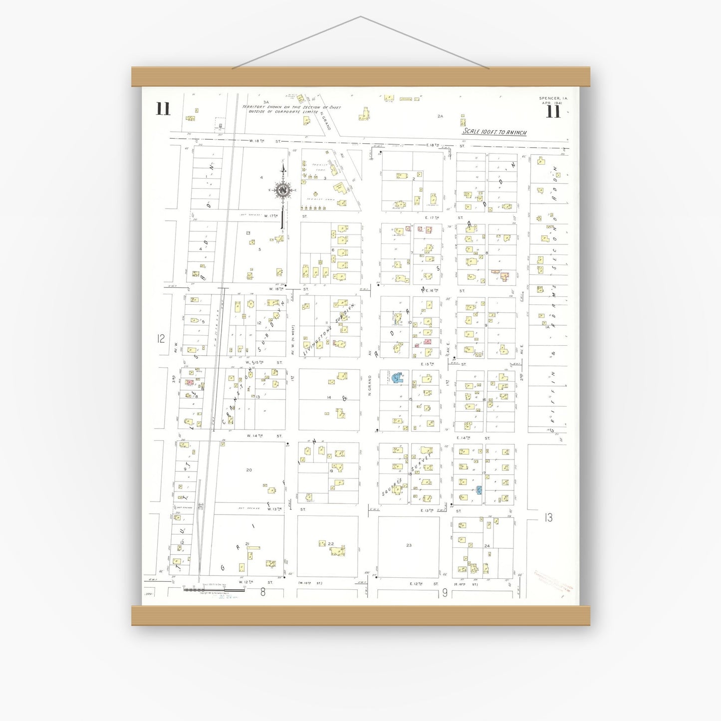 Old map wall art mockup — magnetic wood frame on white wall — Sanborn Fire Insurance Map from Spencer, Clay County, Iowa (1941), Sheet #0011