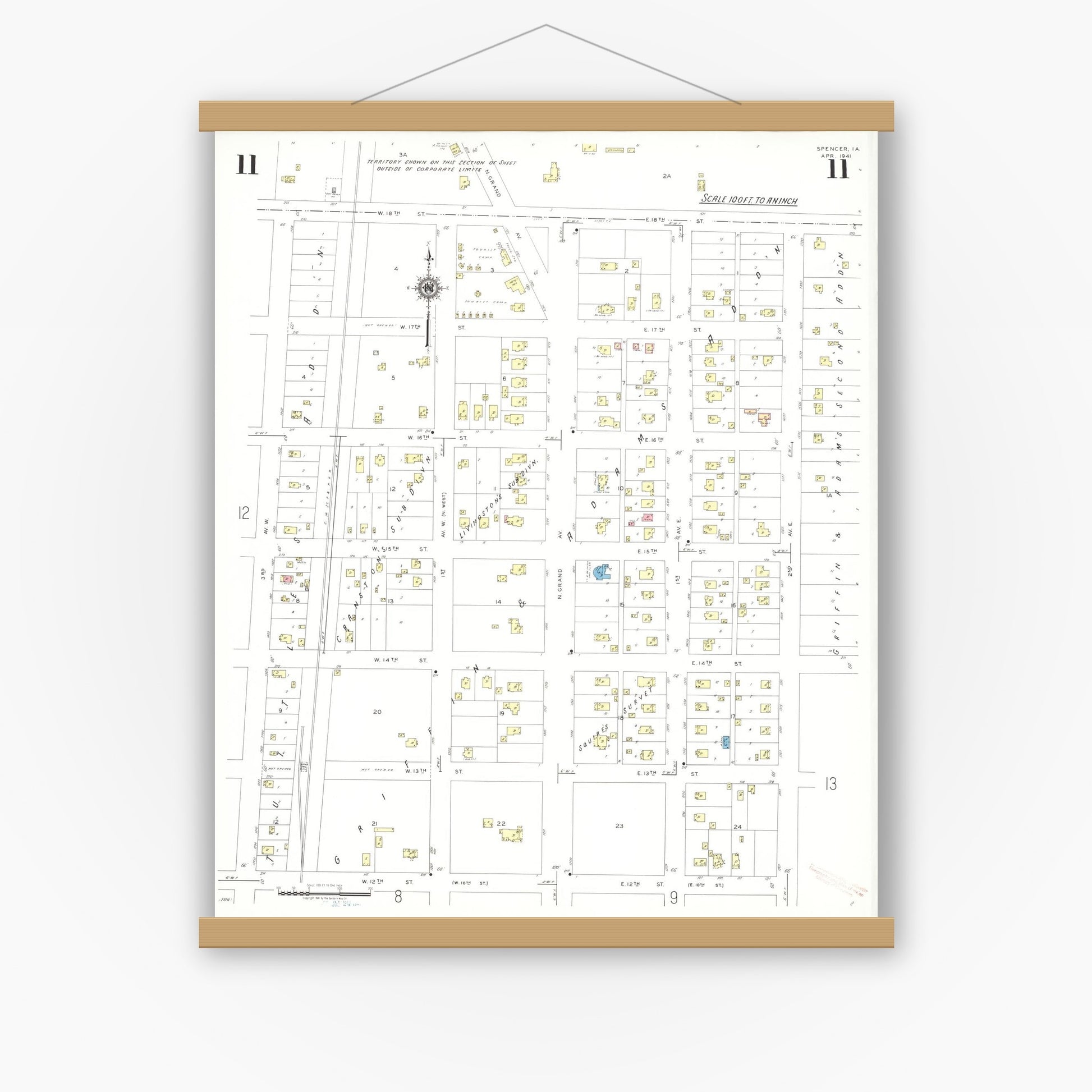 Old map wall art mockup — magnetic wood frame on white wall — Sanborn Fire Insurance Map from Spencer, Clay County, Iowa (1941), Sheet #0011
