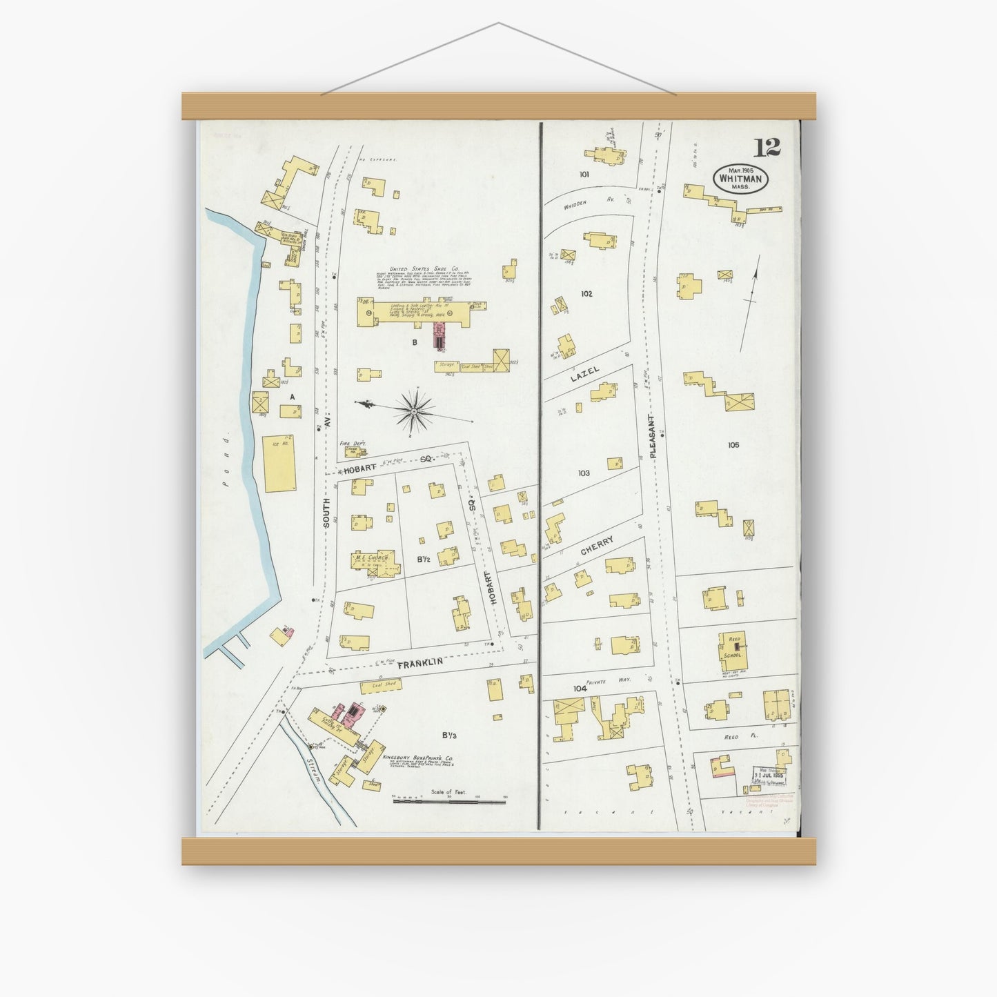 Old map wall art mockup — magnetic wood frame on white wall — Sanborn Fire Insurance Map from Whitman, Plymouth County, Massachusetts (1905), Sheet #0012