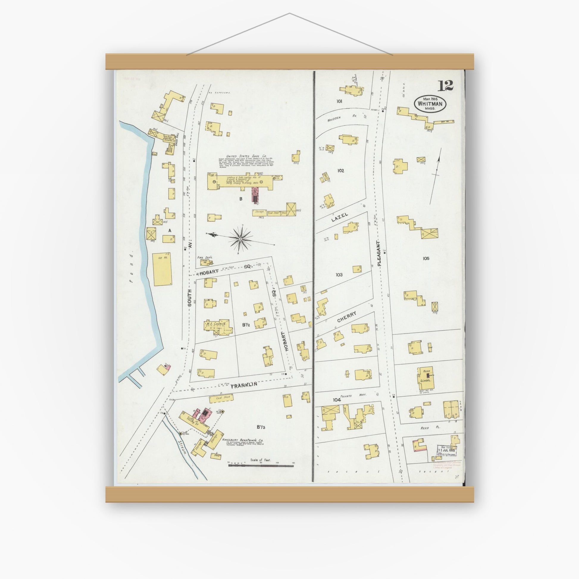 Old map wall art mockup — magnetic wood frame on white wall — Sanborn Fire Insurance Map from Whitman, Plymouth County, Massachusetts (1905), Sheet #0012