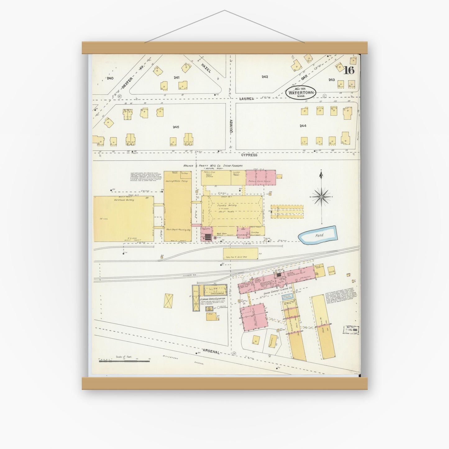 Old map wall art mockup — magnetic wood frame on white wall — Sanborn Fire Insurance Map from Watertown, Middlesex County, Massachusetts (1904), Sheet #0016