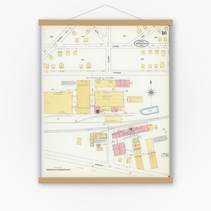 Old map wall art mockup — magnetic wood frame on white wall — Sanborn Fire Insurance Map from Watertown, Middlesex County, Massachusetts (1904), Sheet #0016