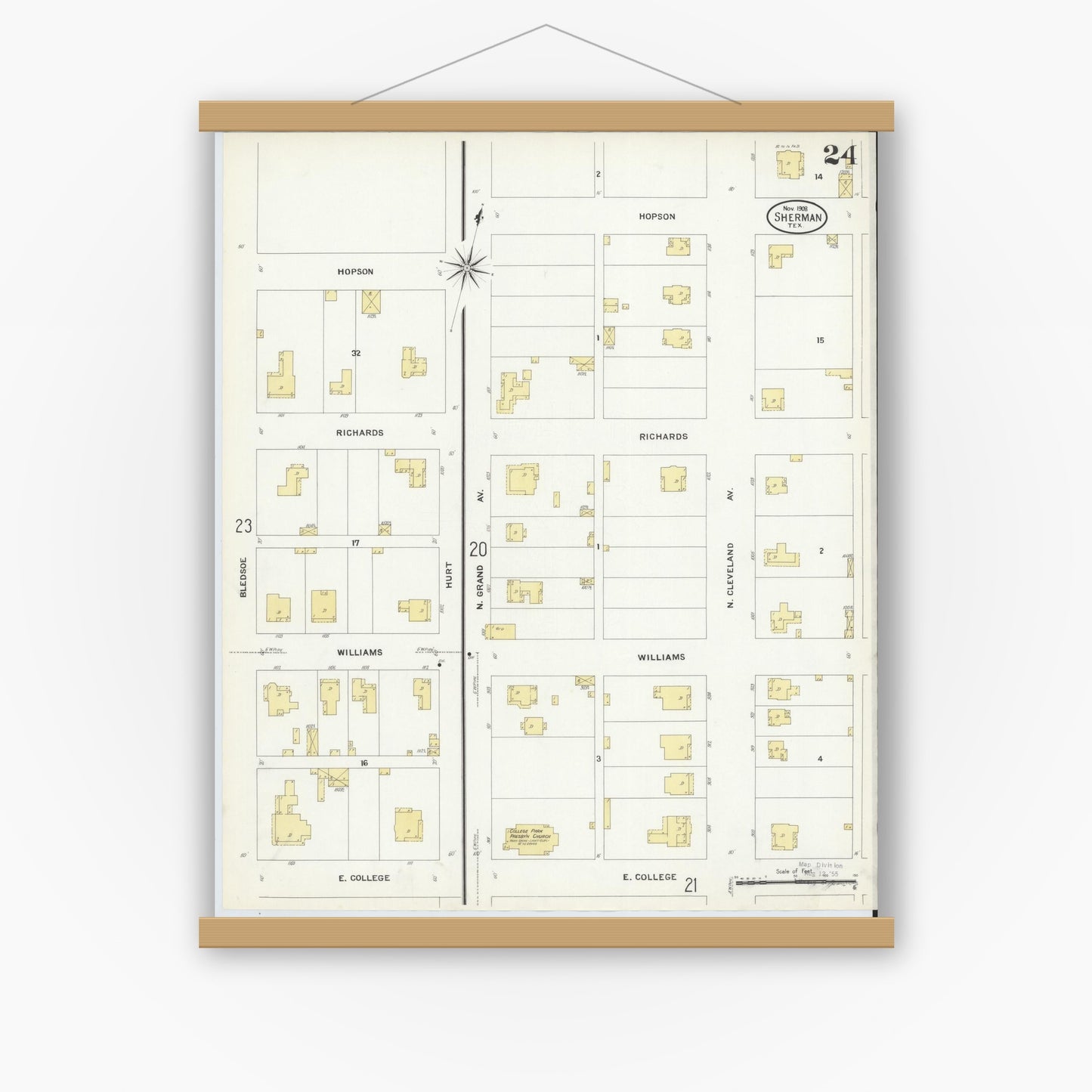 Old map wall art mockup — magnetic wood frame on white wall — Sanborn Fire Insurance Map from Sherman, Grayson County, Texas (1908), Sheet #0024