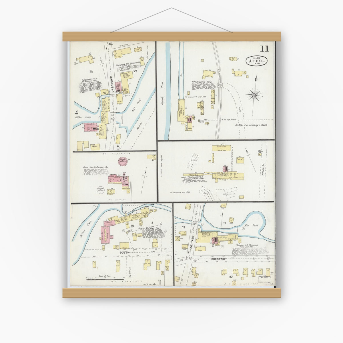 Old map wall art mockup — magnetic wood frame on white wall — Sanborn Fire Insurance Map from Athol, Worcester County, Massachusetts (1896), Sheet #0011