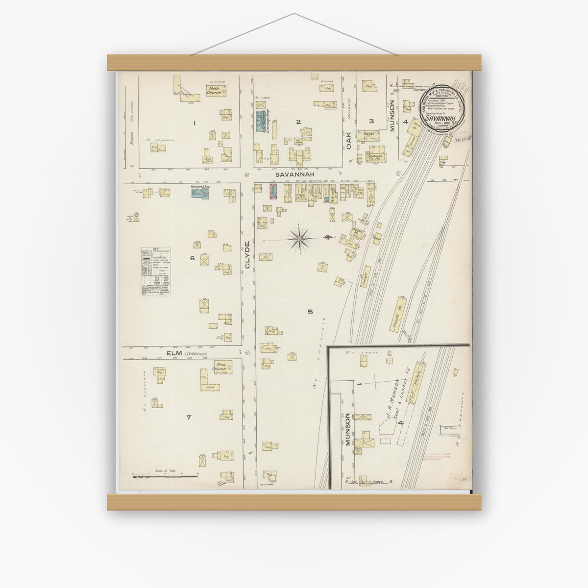 Old map wall art mockup — magnetic wood frame on white wall — Sanborn Fire Insurance Map from Savannah, Wayne County, New York (1885), Sheet #0001