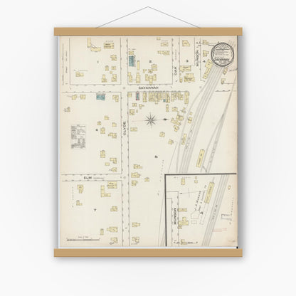 Old map wall art mockup — magnetic wood frame on white wall — Sanborn Fire Insurance Map from Savannah, Wayne County, New York (1885), Sheet #0001