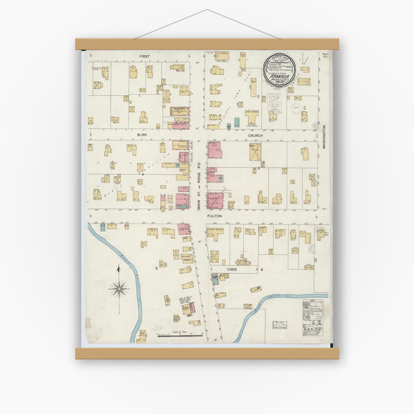 Old map wall art mockup — magnetic wood frame on white wall — Sanborn Fire Insurance Map from Armada, Macomb County, Michigan (1900), Sheet #0001
