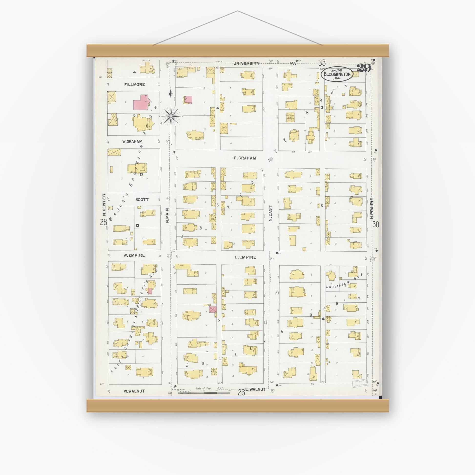 Old map wall art mockup — magnetic wood frame on white wall — Sanborn Fire Insurance Map from Bloomington, McLean County, Illinois (1901), Sheet #0029