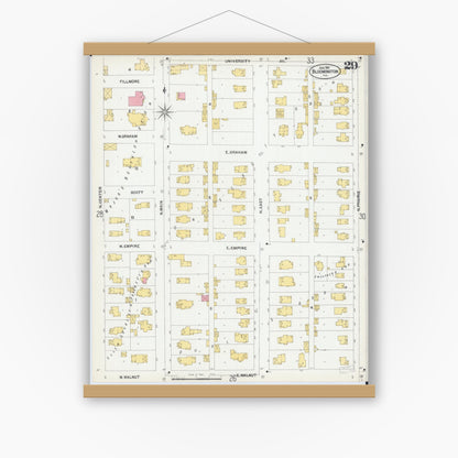 Old map wall art mockup — magnetic wood frame on white wall — Sanborn Fire Insurance Map from Bloomington, McLean County, Illinois (1901), Sheet #0029