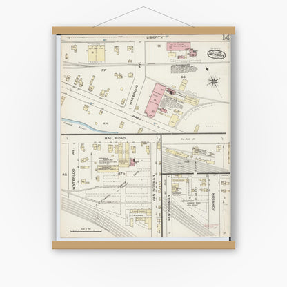 Old map wall art mockup — magnetic wood frame on white wall — Sanborn Fire Insurance Map from Jackson, Jackson County, Michigan (1886), Sheet #0014