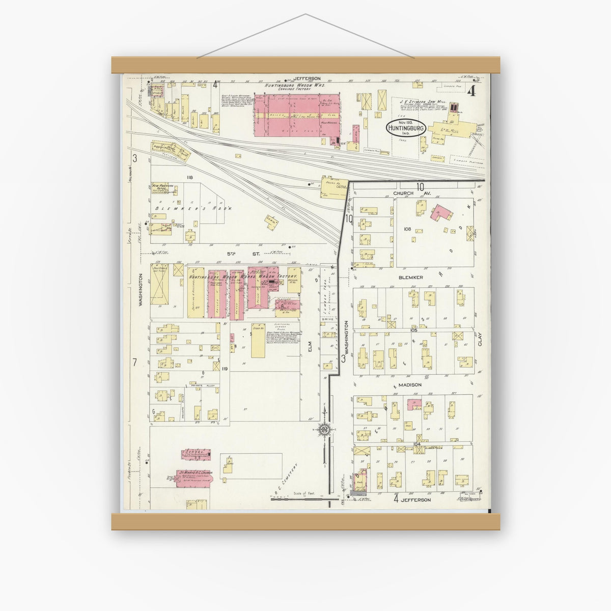 Old map wall art mockup — magnetic wood frame on white wall — Sanborn Fire Insurance Map from Huntingburg, Dubois County, Indiana (1913), Sheet #0004