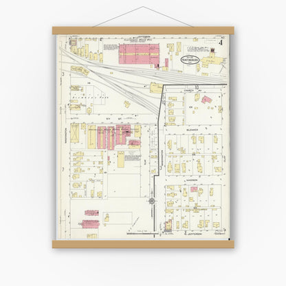 Old map wall art mockup — magnetic wood frame on white wall — Sanborn Fire Insurance Map from Huntingburg, Dubois County, Indiana (1913), Sheet #0004