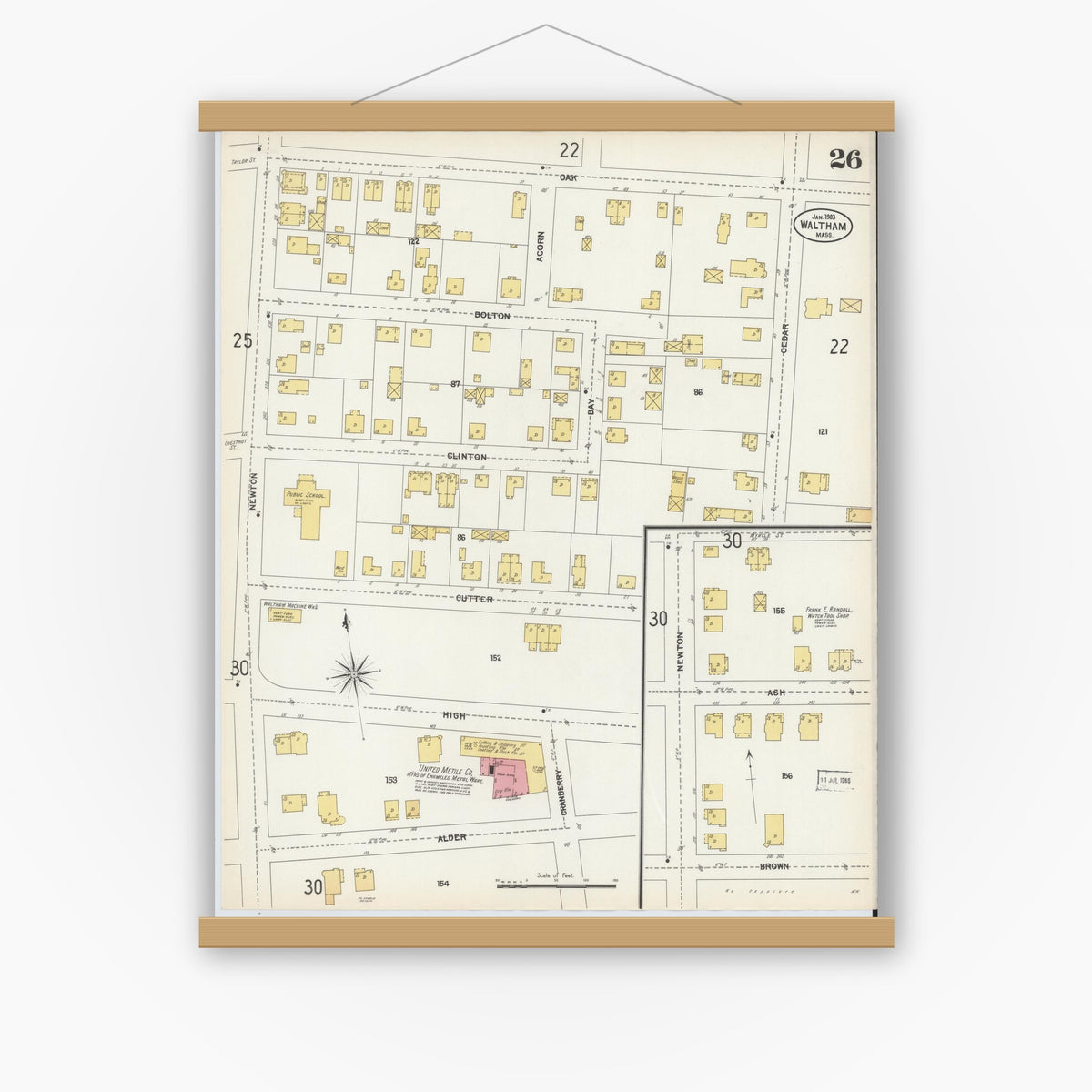 Old map wall art mockup — magnetic wood frame on white wall — Sanborn Fire Insurance Map from Waltham, Middlesex County, Massachusetts (1903), Sheet #0026