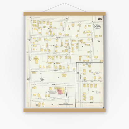 Old map wall art mockup — magnetic wood frame on white wall — Sanborn Fire Insurance Map from Waltham, Middlesex County, Massachusetts (1903), Sheet #0026