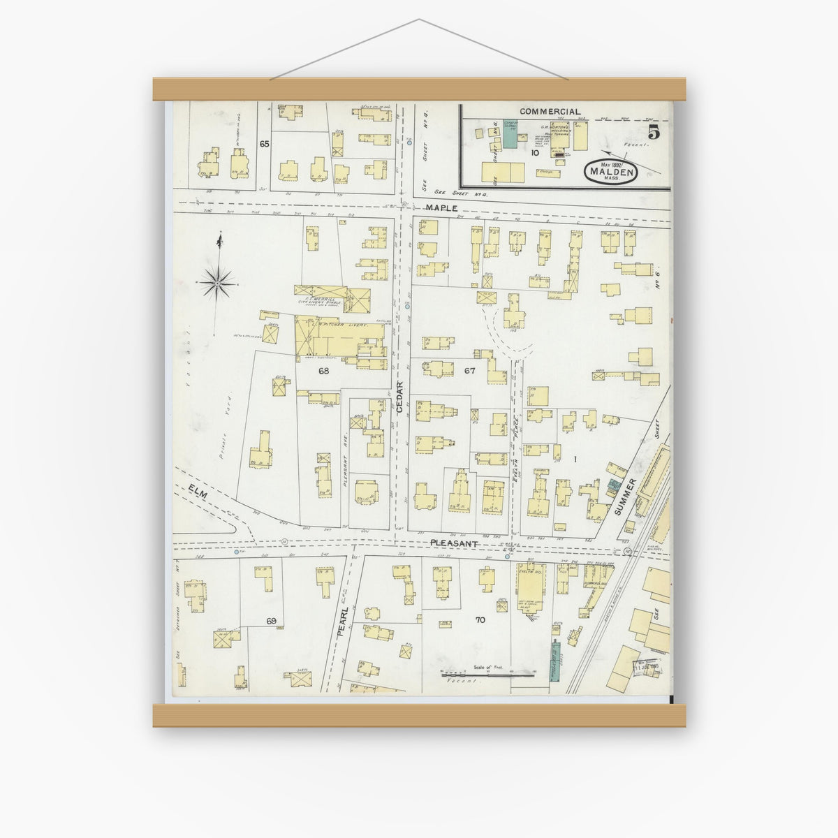 Old map wall art mockup — magnetic wood frame on white wall — Sanborn Fire Insurance Map from Malden, Middlesex County, Massachusetts (1892), Sheet #0005