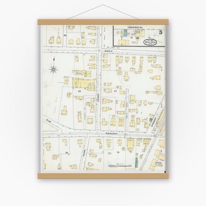 Old map wall art mockup — magnetic wood frame on white wall — Sanborn Fire Insurance Map from Malden, Middlesex County, Massachusetts (1892), Sheet #0005
