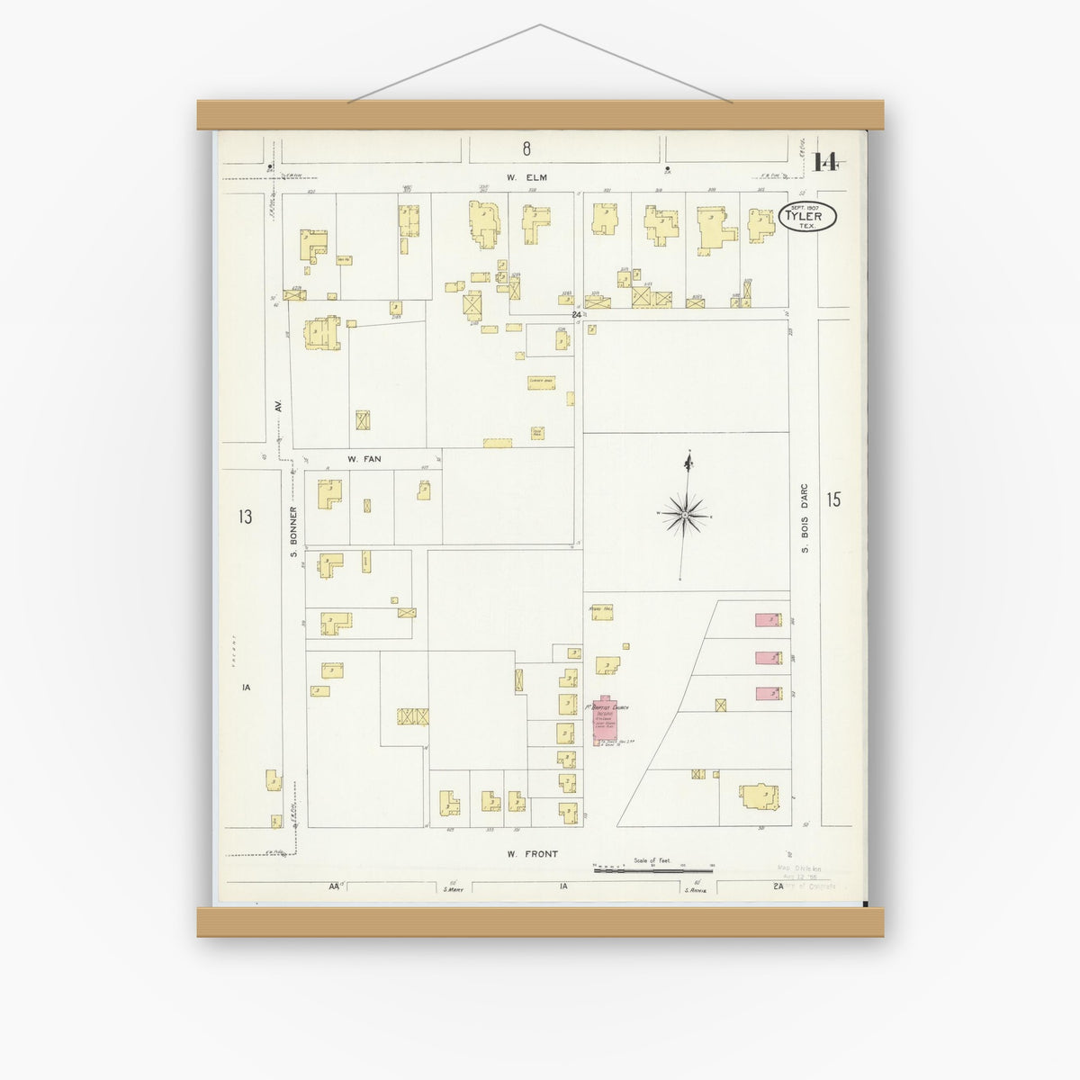 Old map wall art mockup — magnetic wood frame on white wall — Sanborn Fire Insurance Map from Tyler, Smith County, Texas (1907), Sheet #0014