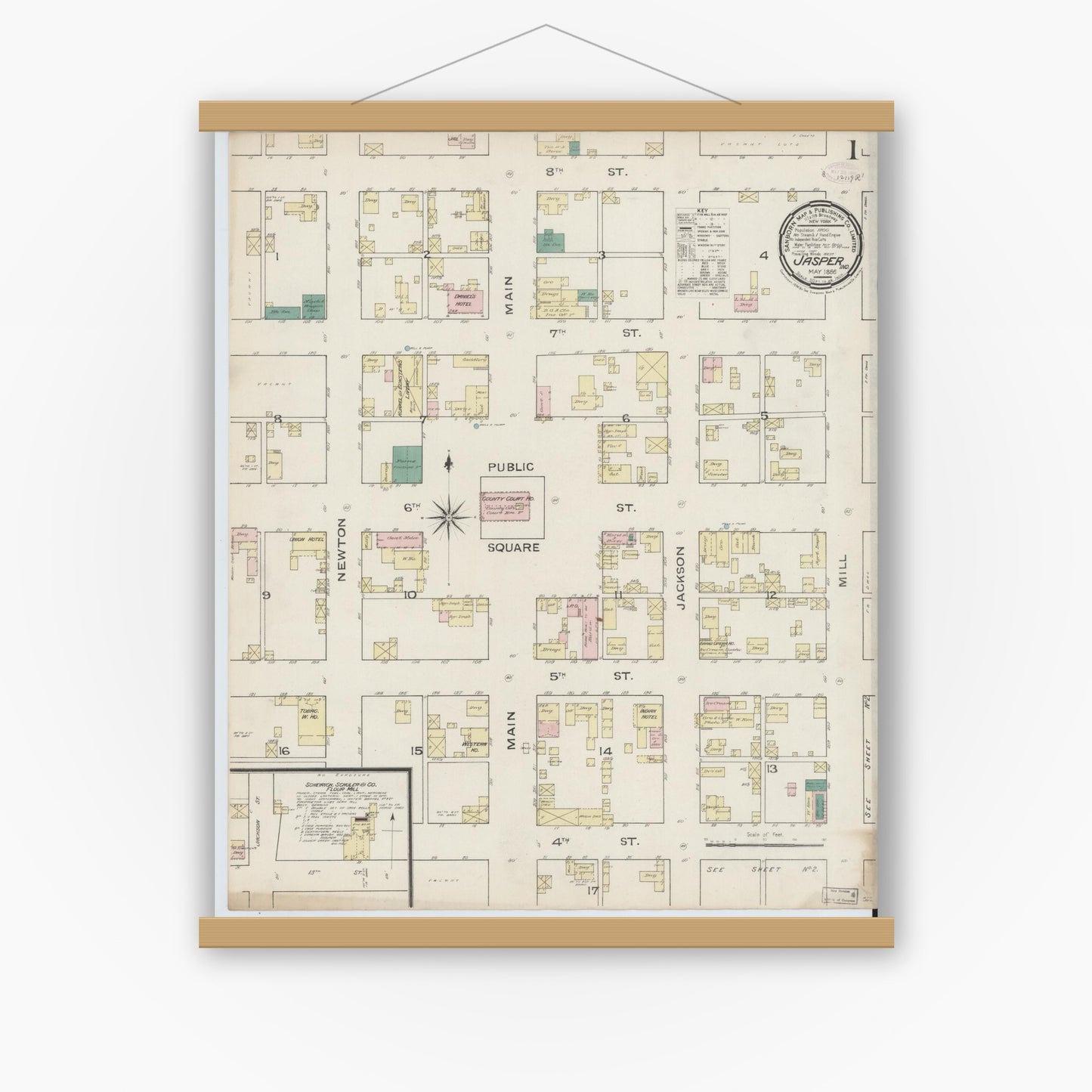 Old map wall art mockup — magnetic wood frame on white wall — Sanborn Fire Insurance Map from Jasper, Dubois County, Indiana (1886), Sheet #0001