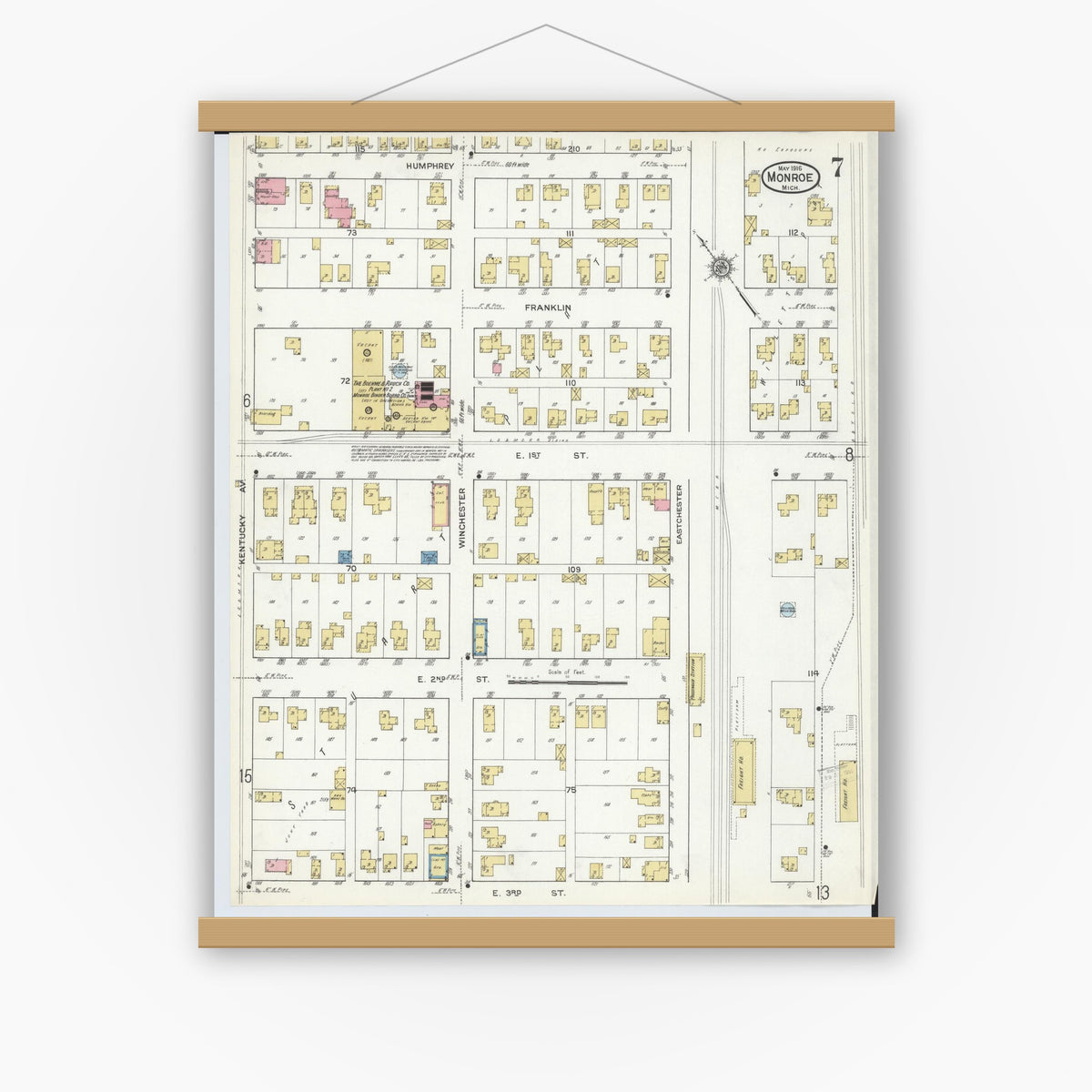 Old map wall art mockup — magnetic wood frame on white wall — Sanborn Fire Insurance Map from Monroe, Monroe County, Michigan (1916), Sheet #0007