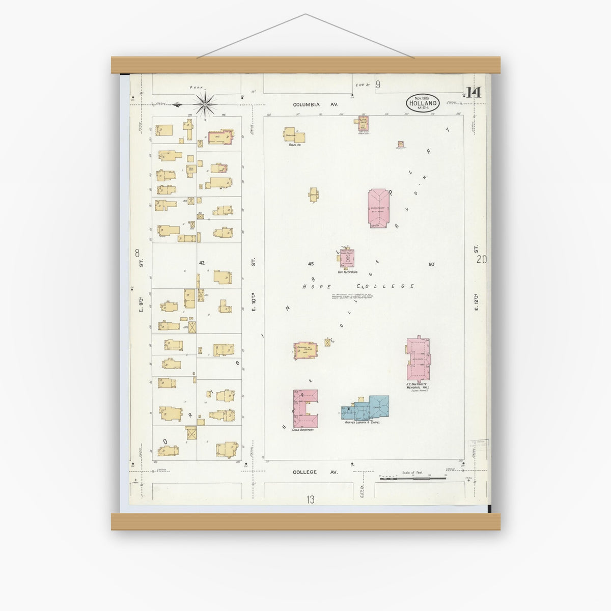 Old map wall art mockup — magnetic wood frame on white wall — Sanborn Fire Insurance Map from Holland, Ottawa County, Michigan (1908), Sheet #0014