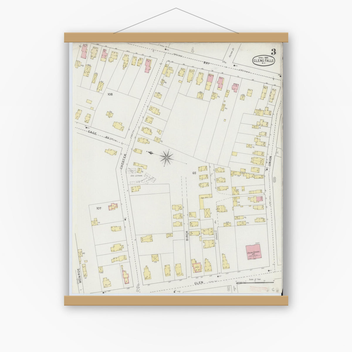Old map wall art mockup — magnetic wood frame on white wall — Sanborn Fire Insurance Map from Glens Falls, Warren County, New York (1895), Sheet #0003