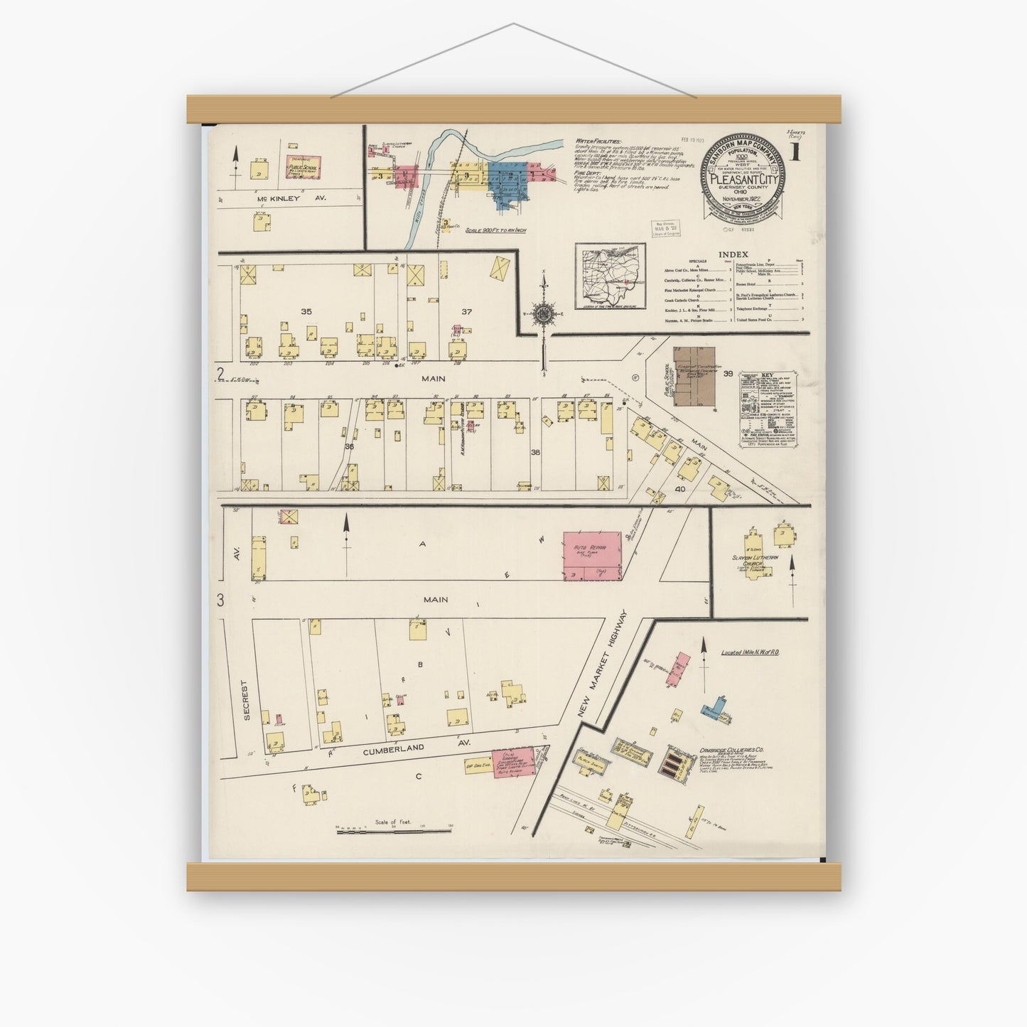 Old map wall art mockup — magnetic wood frame on white wall — Sanborn Fire Insurance Map from Pleasant City, Guernsey County, Ohio (1922), Sheet #0001