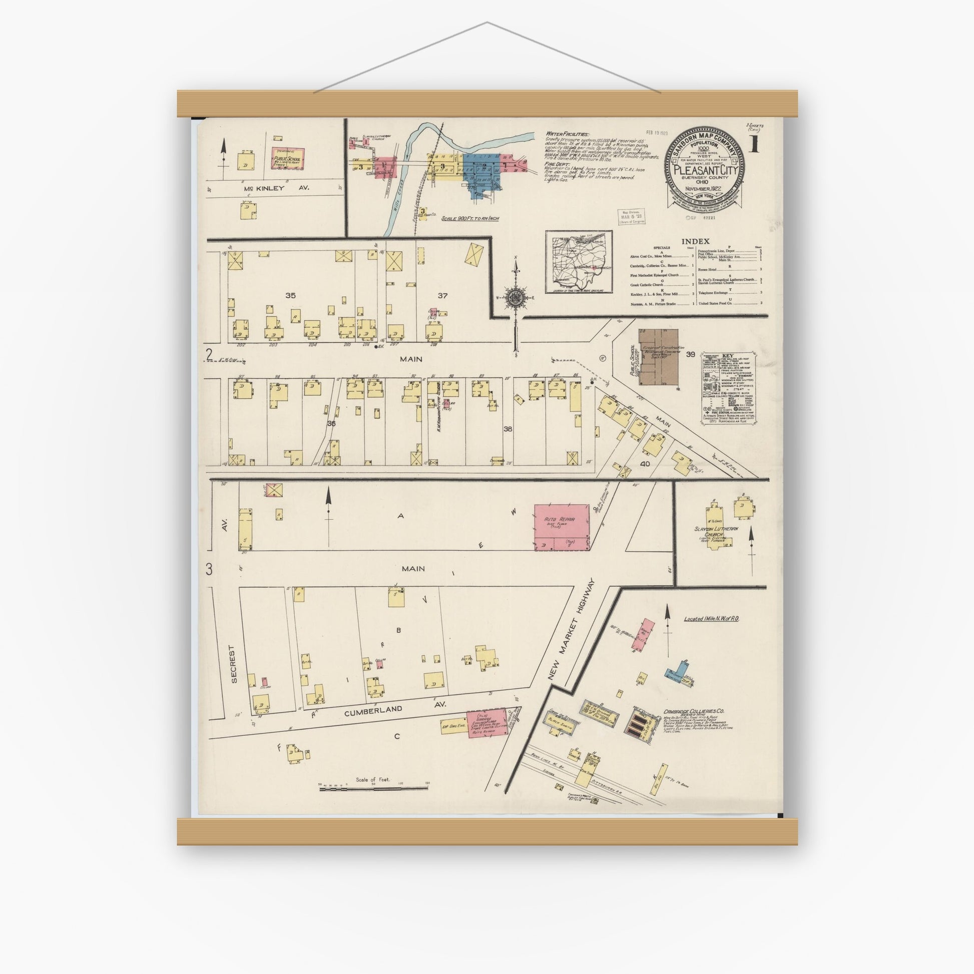 Old map wall art mockup — magnetic wood frame on white wall — Sanborn Fire Insurance Map from Pleasant City, Guernsey County, Ohio (1922), Sheet #0001