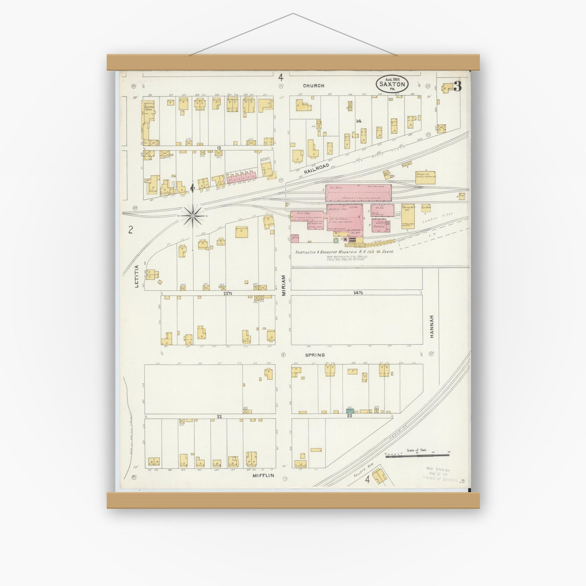 Old map wall art mockup — magnetic wood frame on white wall — Sanborn Fire Insurance Map from Saxton, Bedford County, Pennsylvania (1905), Sheet #0003