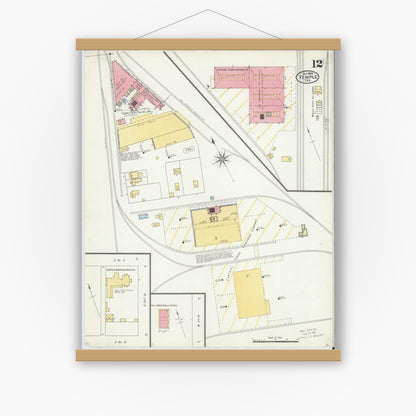 Old map wall art mockup — magnetic wood frame on white wall — Sanborn Fire Insurance Map from Temple, Bell County, Texas (1905), Sheet #0012