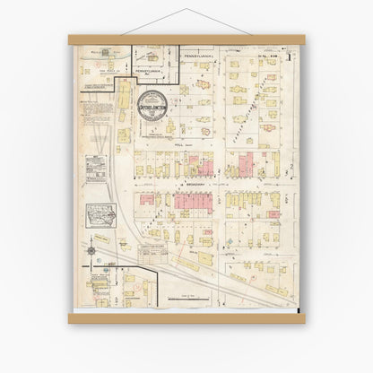 Old map wall art mockup — magnetic wood frame on white wall — Sanborn Fire Insurance Map from Oxford Junction, Jones County, Iowa (1939), Sheet #0001