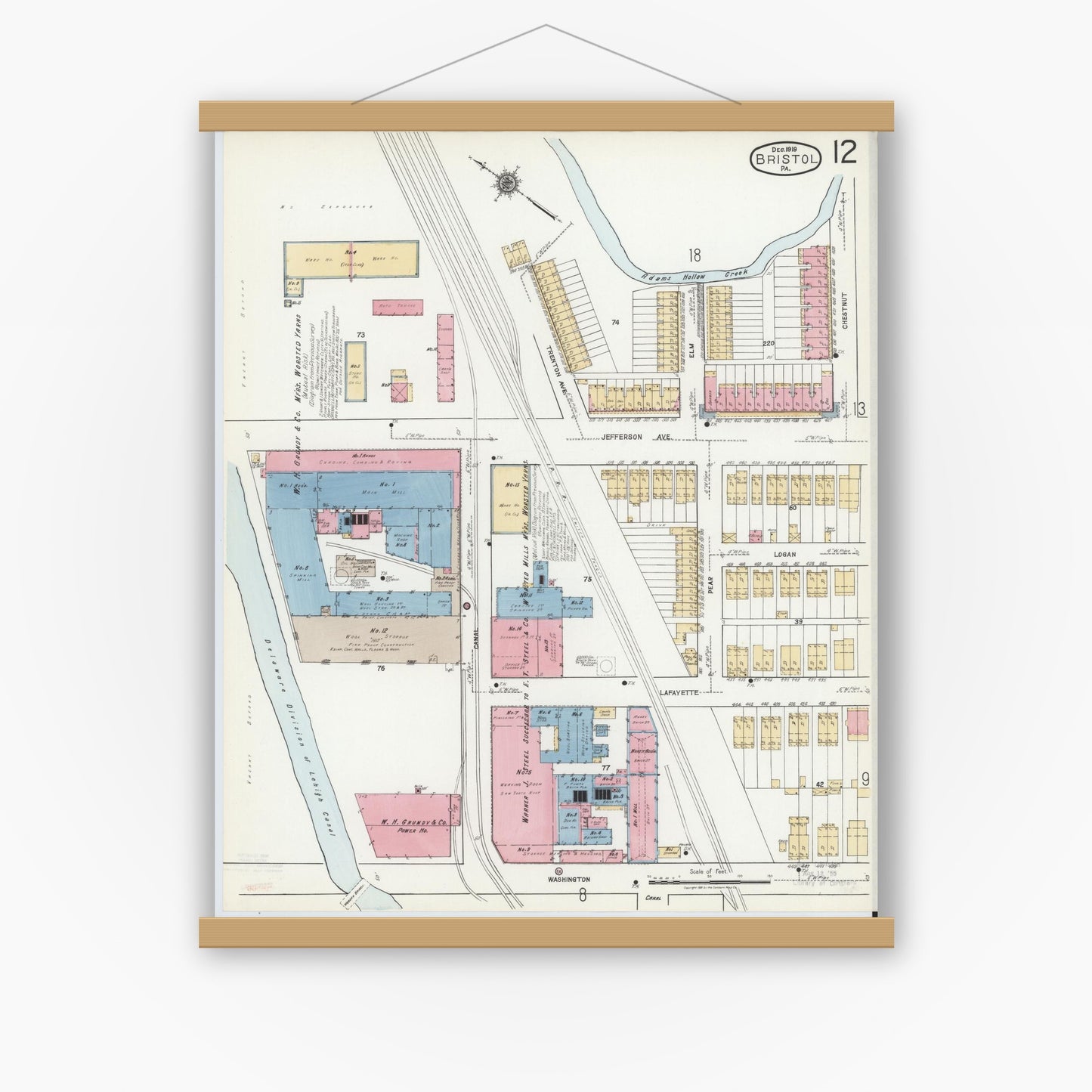 Old map wall art mockup — magnetic wood frame on white wall — Sanborn Fire Insurance Map from Bristol, Bucks County, Pennsylvania (1927), Sheet #0012