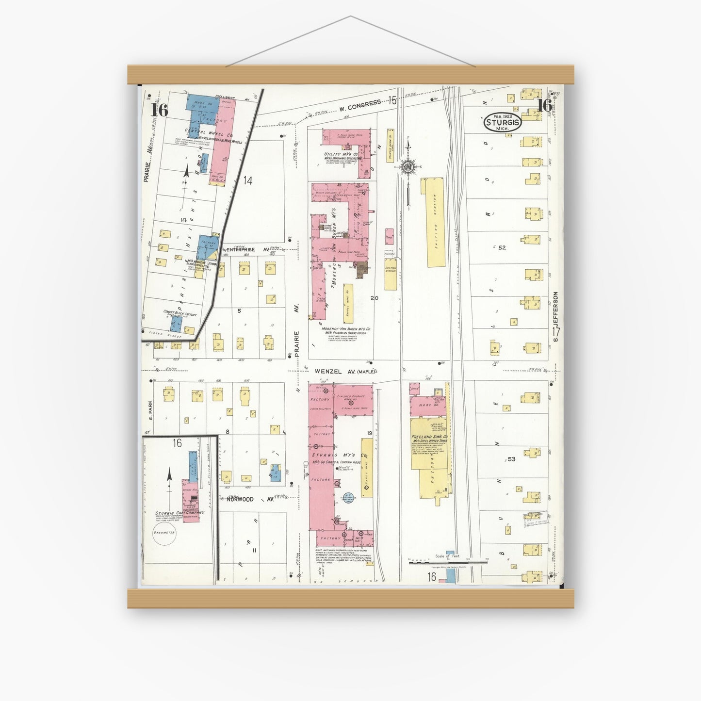 Old map wall art mockup — magnetic wood frame on white wall — Sanborn Fire Insurance Map from Sturgis, Saint Joseph County, Michigan (1923), Sheet #0016